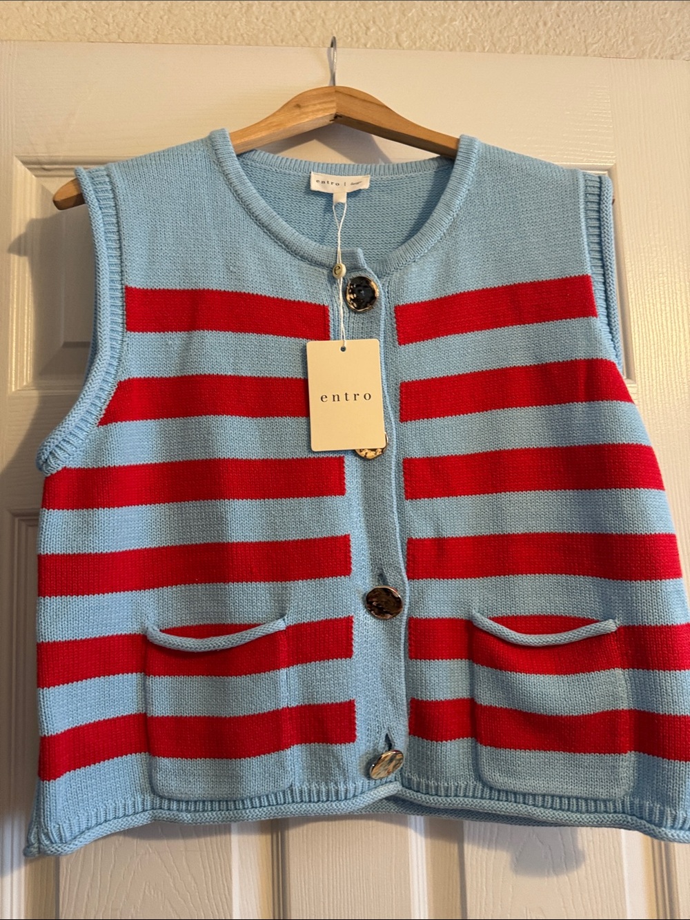 entro Light Blue & Red Striped Knit Vest with Front Pockets
